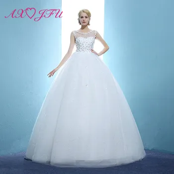 

AXJFU princess little flower lace white wedding dress vintage o neck beading crystal sleeveless ball gown bride wedding dress
