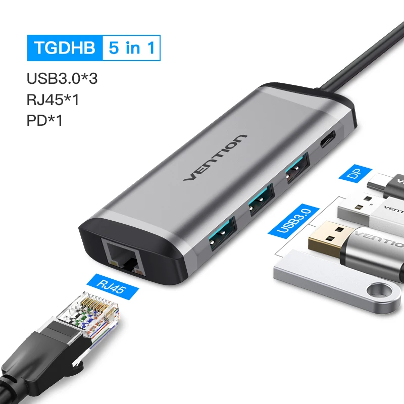 Vention USB-C концентратора Тип C концентратор USB 3,0 Thunderbolt 3 HDMI 3,5 мм аудио RJ45 адаптер для MacBook Pro samsung Galaxy S9 USB C концентратора - Цвет: 5 in 1 HUB