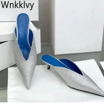 

Glittery kitten heel shoes women pointed toe lazy loafers bling bling sandals silver runway design pumps summer slippers