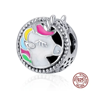 

Hot Sale 925 Sterling Silver Round Enamel Unicorn Bead Charm Fit Pandora Bracelet Original Fashion Jewelry Pendant Woman Gift