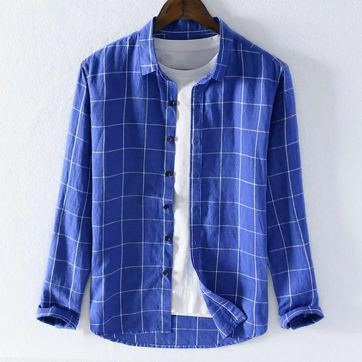 Cotton and linen plaid shirts men brand spring autumn long sleeve blue shirt mens casual fashion shirts male tops chemise camisa - Цвет: Color Blue