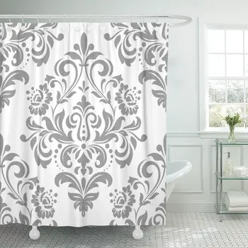 

Pattern in The of Baroque Damask Gray and White Shower Curtain Waterproof Polyester Fabric 72 x 78 Inches with Hooks