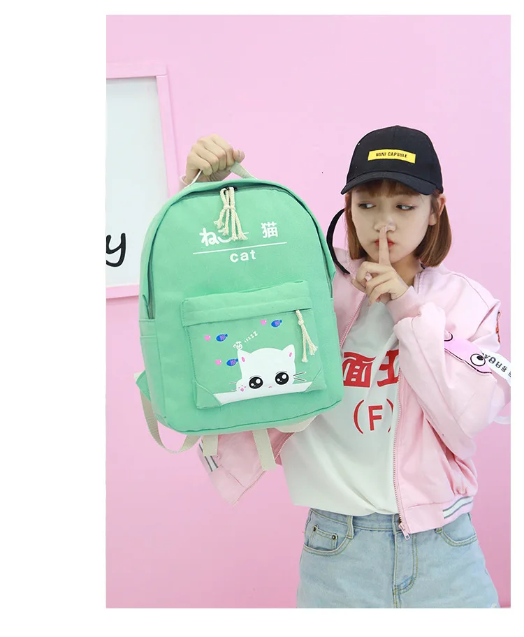 Fashion Cartoon Kitten backpack for ladies High quality canvas school bag for teen girls College 4pcs/set school backpacks