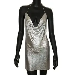 Glamorous Metallic Sequin Backless Mini Dress with Mesh Harness Details - M (Silver)