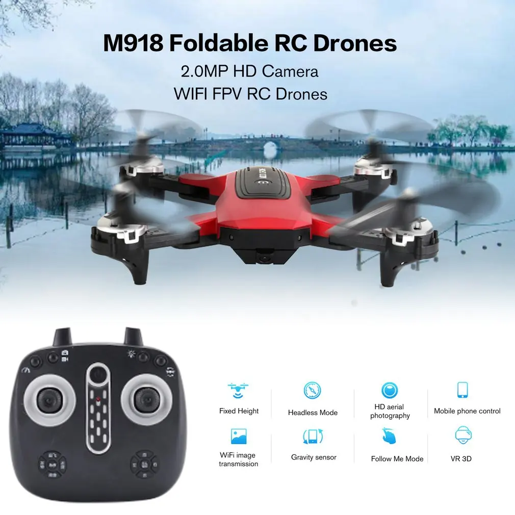 

M918 Foldable RC Drones 2.0MP HD Camera WIFI FPV Drone Altitude Hold Aircraft Four-Axis Drone Airplane with 2 Battery