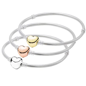 

New 925 Sterling Silver Bracelet Rose Gold & Silver Love Heart Clasp Snake Chain Bracelet Bangle Fit Bead Charm Europe Jewelry