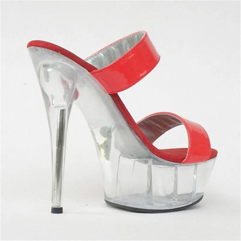 6 Inch Red PU Leather Sexy Slippers Classic Crystal Shoes Lady Fashion Summer Stripper 15cm High-Heeled Sandals