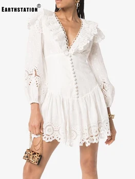 

Free shipping ruffled V-neck single-row button decoration waist embroidery dress ladies summer new fashion breathable pettiskirt