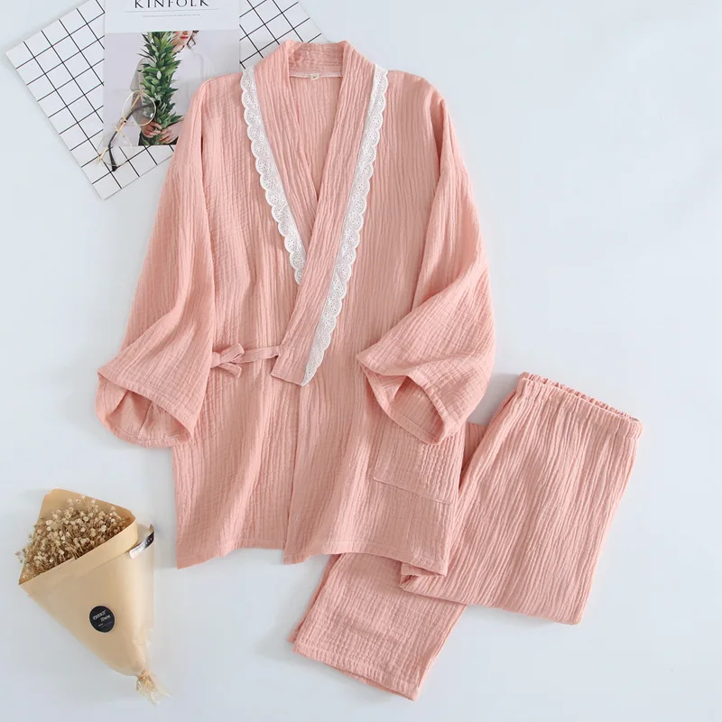 

QWEEK Summer Long Sleeve Thin Nightwear Women Simple Solid Color Loose Pregnant Woman Pajamas V-neck Lace Cotton Kimono Pyjamas