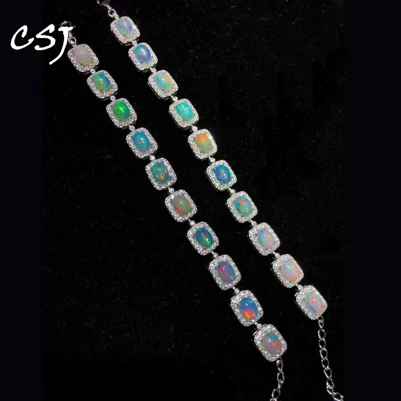 

CSJ New Natural Ethiopia Opal Bracelet Sterling 925 Silver Gemstone Oval 5*7mm Bangle Jewelry for Women Birthday Party Gift