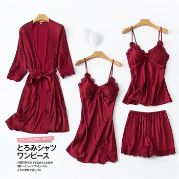 

4 Pieces Sexy Lace Robe For Women Pajamas Spring Long Sleeve Casual Pajamas Set Caridigan Nightwear Satin Silk Home service