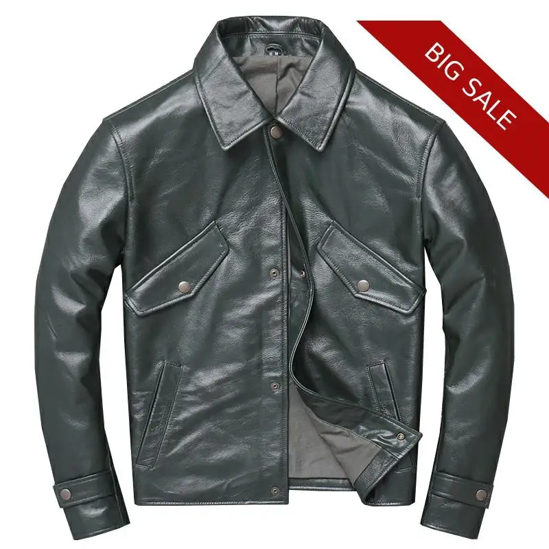 

2020 Green Men Smart Casual Leather Jacket Double POckets Plus Size XXXXL Genuine Cowhide Autumn Russian Leather Coat