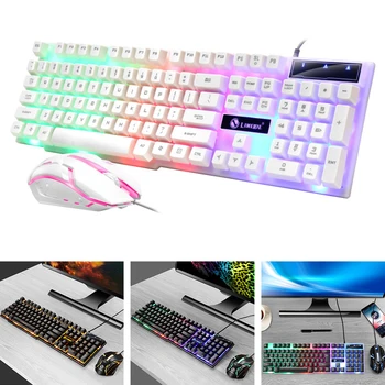 

Suspended Concave Non Slip Wired USB Keyboard Set Gaming Mouse Universal Splash Proof LED Rainbow Backlit 104 Key Home Office