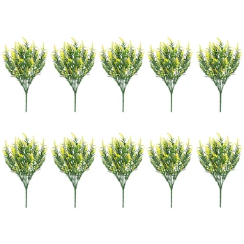 

10 Bundles Artificial Lavender Flowers Outdoor Fake Plants Faux Plastic UV Resistant Flowers for Home Garden Yellow