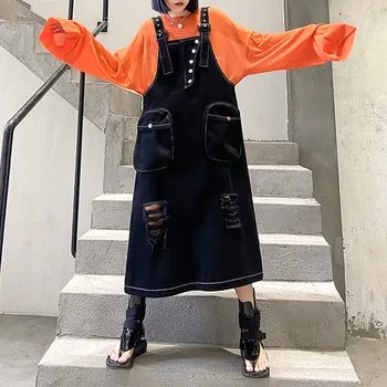 

XUXI 2020 Women Dress Summer Denim Straps Sleeveless Mid-length, Over-the-knee, Oversized, Loose, Slim, Thin A-line Dress FZ1519