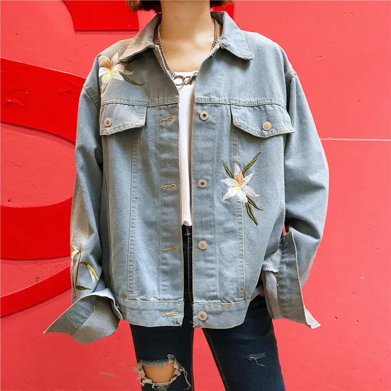 Женская джинсовая куртка с цветочной вышивкой свободная повседневная Уличная