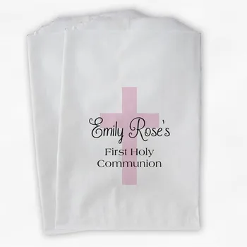 

Custom First Communion Favor Bags with Cross - Personalized Baptism or Religious Party Favor Bags - Pink & Black Paper Treat Bag