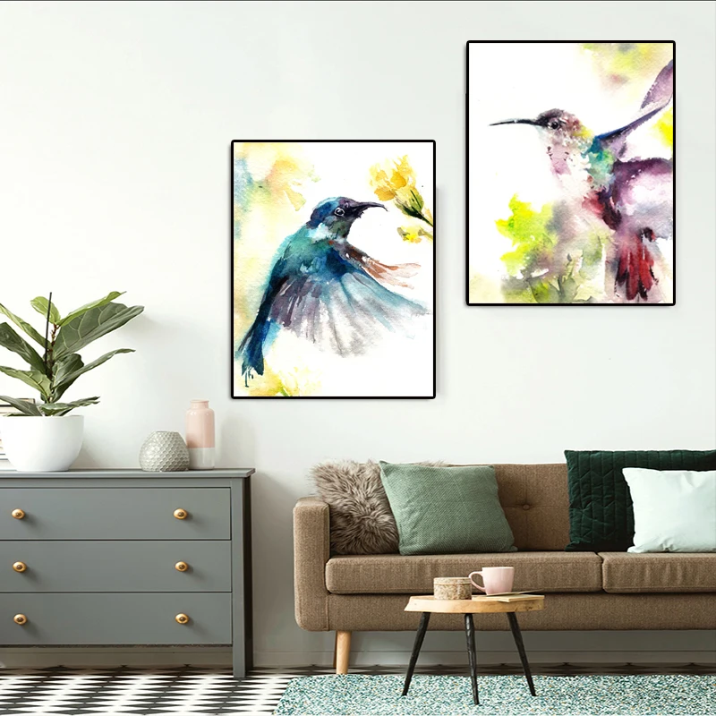 

RELIABLI Hummingbird Prints Colorful Poster Watercolor Animal Painting Wall Art Canvas Painting for Living Room Cuadros Unframe