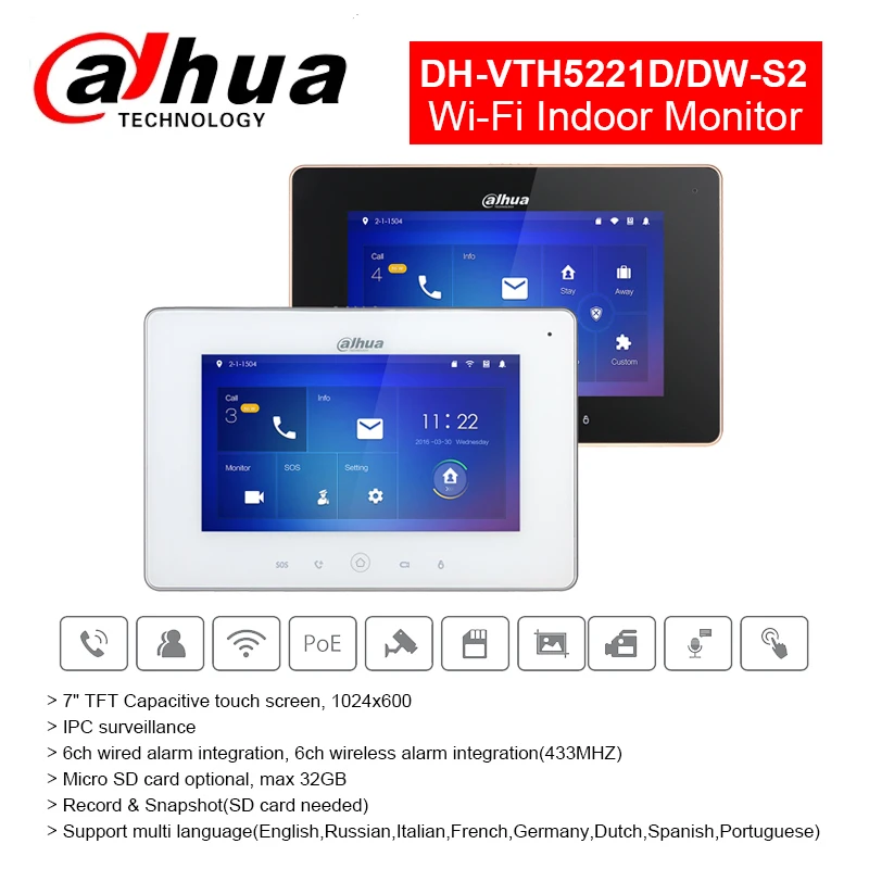 Dahua Wi-Fi Крытый монитор VTH5221D/DW мульти-Язык 7 дюймов Сенсорный экран микро SD карты встроенный ИК ip-камера проводной дверной звонок