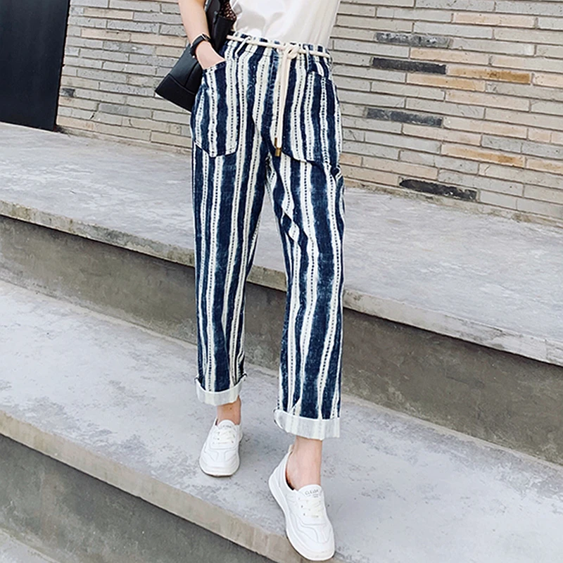 

Pants Women 100% Cotton Casual Style Stripe Mid Elastic Waist Pockets Straight Pants Simple Design Plus Sizes New Fashion