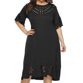 

Yfashion Women Dress Loose Dress Over Size Hollow Short Flare Sleeve Black Fashion Midi Dress