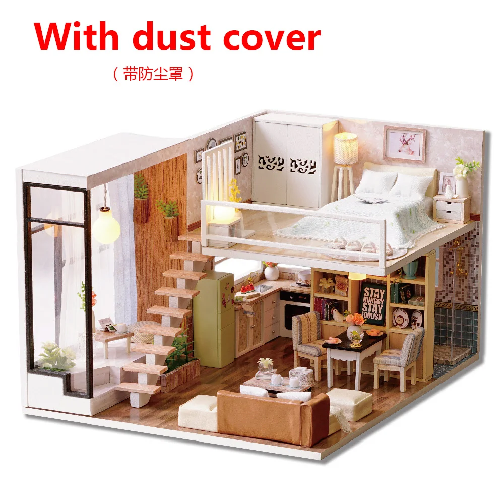 With dust cover Набор для кукольного домика Diy мебель для коттеджей сборка игрушка деревянный кукольный домик ручной работы игрушки для детей Best на день рождения Рождественский подарок - Цвет: With dust cover