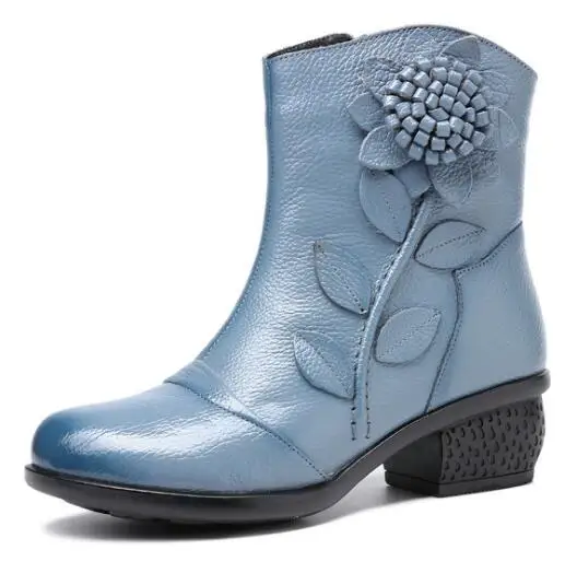 CEYANEAO/женские ботинки из натуральной кожи в стиле ретро; зимние высокие сапоги; Осенняя Женская Повседневная зимняя обувь на высоком каблуке - Цвет: Синий