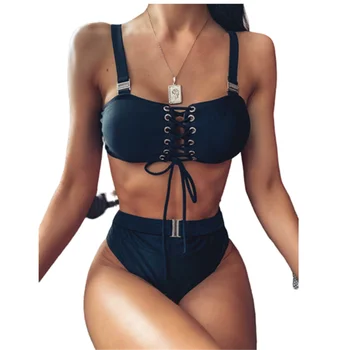 

Blue Black Bikini Lace Up Front Swimsuit High Waisted Swimwear 2020 New Female Bathing Suits Vintage Swimming Biquini