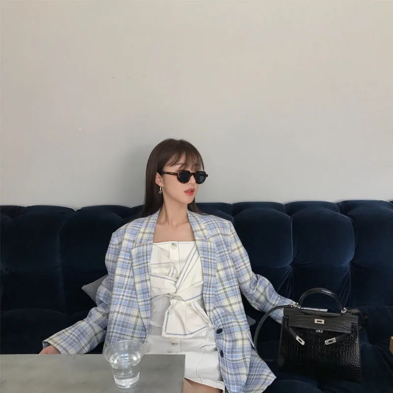 

2019 Autumn New Style Korean-style Retro Fairy Matching Color Plaid Suit Thin England Suit Coat WOMEN'S Dress