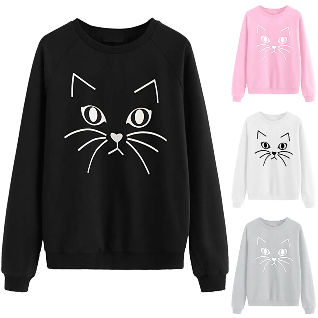 

Cross Border Autumn And Winter New Women's Top Cat Print Round Neck Fashion Leisure Long Sleeve Sweater Women