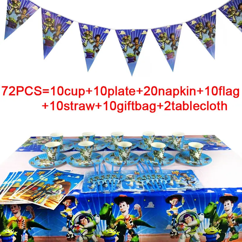 

72PCS Disney Toy Story Theme Plates Cups Baby Shower Tablecloth Napkins Decorate Boys Favors Tableware Set Birthday Party Banner