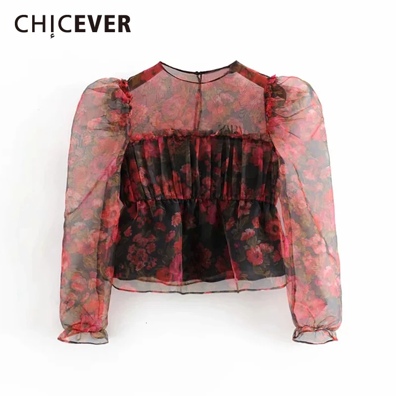 CHICEVER принт рюшами перспектива женские рубашки О-образный вырез пышные Длинные рукава свободные блузки для женщин одежда мода тренд