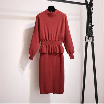 

2 piece set women fashion long-sleeved loose sweater and half-length skirt set autumn new sweater sweater women's elegant suit
