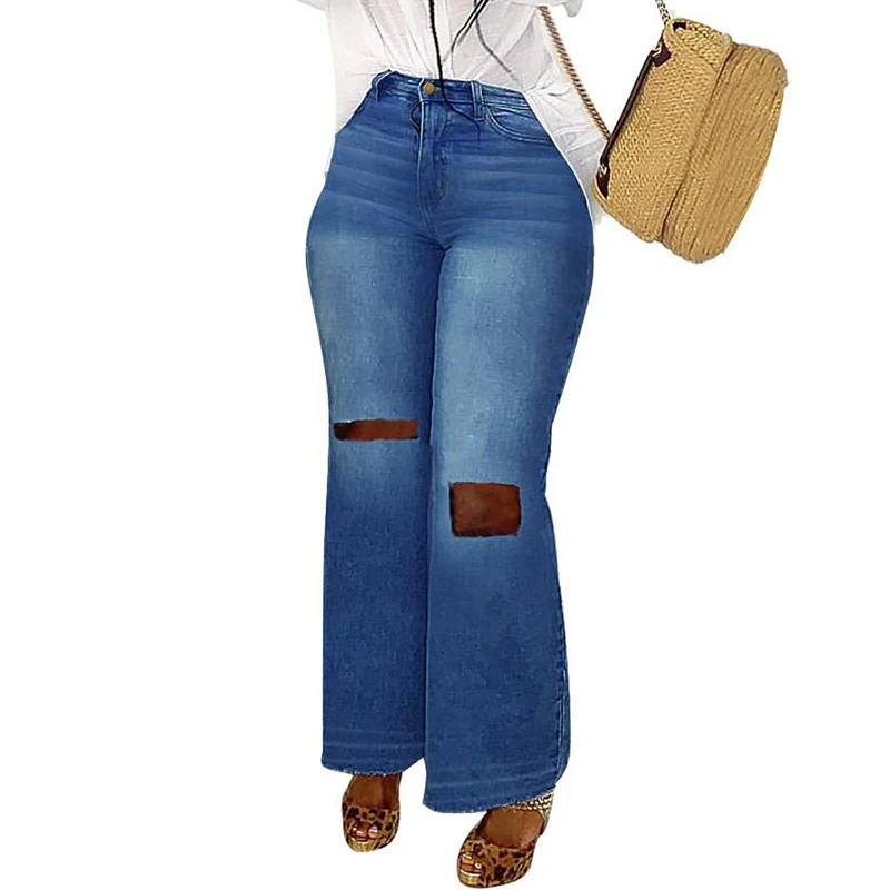 

Plus Size Ripped Jeans Women Fashion Knee Hollow Out High Waisted Straight Leg Jeans Women Baggy Blue Denim Pants Pantalon Large