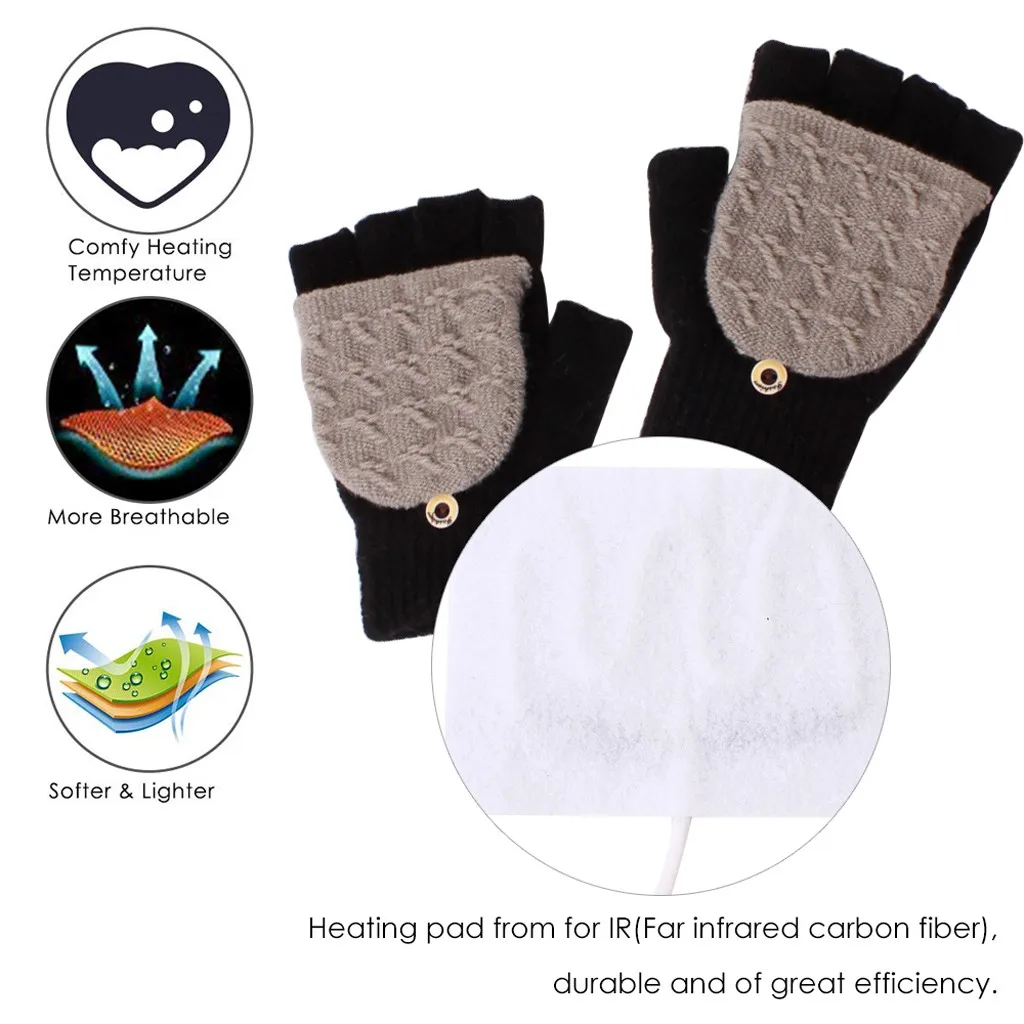 Winter USB Heated Gloves Women Half Finger Knitted Wool Warm Gloves Mittens Patchwork Female Ski Gloves Mittens