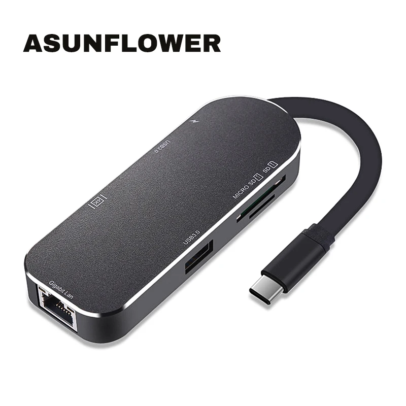 Asunflower USB C концентратор 7 в 1 Тип C до 4K HDMI RJ45 PD зарядка USB 3,0 TF SD порт для MacBook Pro USB C док-станция type C концентратор адаптер