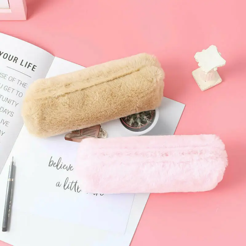 Girl Cute Plush Fuzzy Fluffy Pencil Case Makeup Pouch Coin Purse Storage Bag School Office Storage Solid Cab Plush Pencil Case