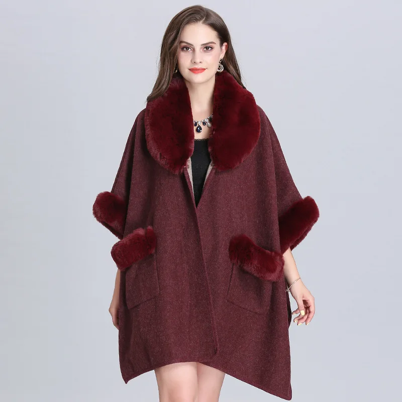 Женский свободный шерстяной кардиган большого размера с воротником из искусственного лисьего меха и нагрудным карманом, женское пончо, шерстяная шаль, накидка, пальто - Цвет: Бургундия