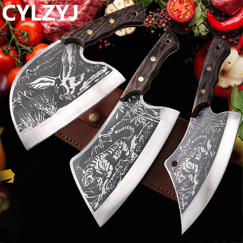 Chopping Kitchen Cleaver Knife Sharp Tiger Pattern Stainless Steel Knives  Chicken Duck Fish Slaughter Slicer Chopper