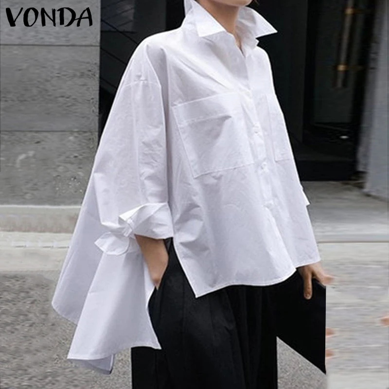 

VONDA Women Tunic Lapel Neck Shirts Party Tops 2019 Spring Summer Beach Tops Female Asymmetrical Blouse Casual Blusa Plus Size