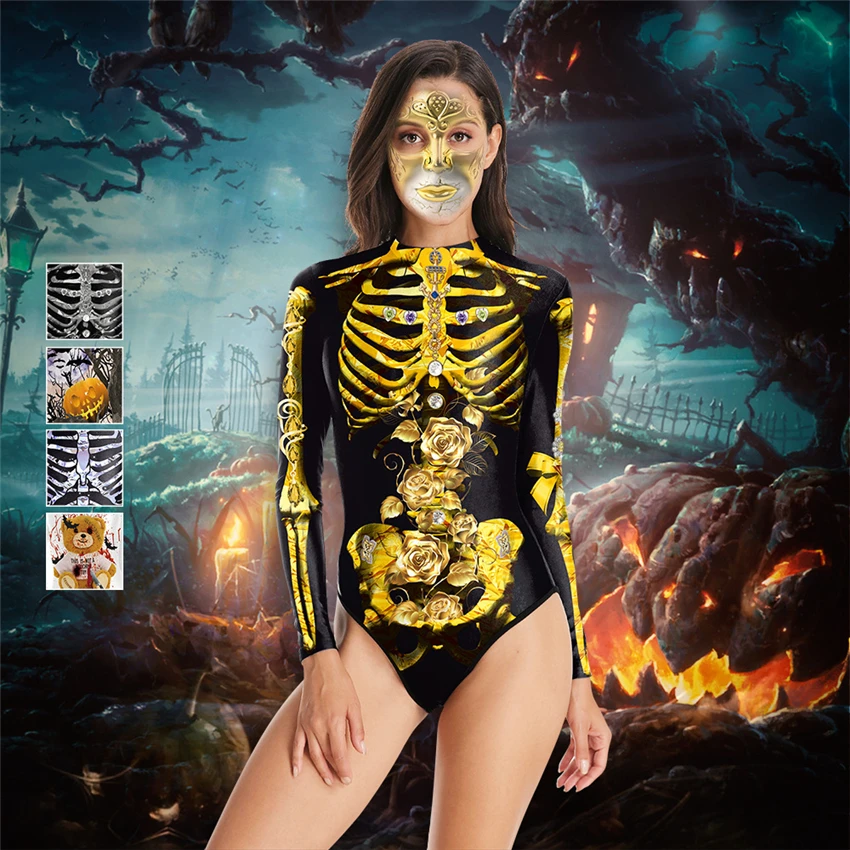 Карнавальный костюм на Хэллоуин для женщин; карнавальный костюм с изображением скелета; страшный принт; Привидение-дьявол; вечерние костюмы для взрослых