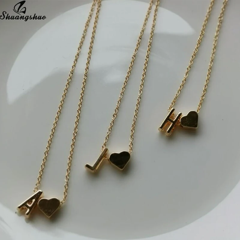 Shuangshuo Tiny Initial S Cute Mini Heart Choker Necklace Chain Love Letter Pendant Women Simple Holiday Collier Girlfriend Gift