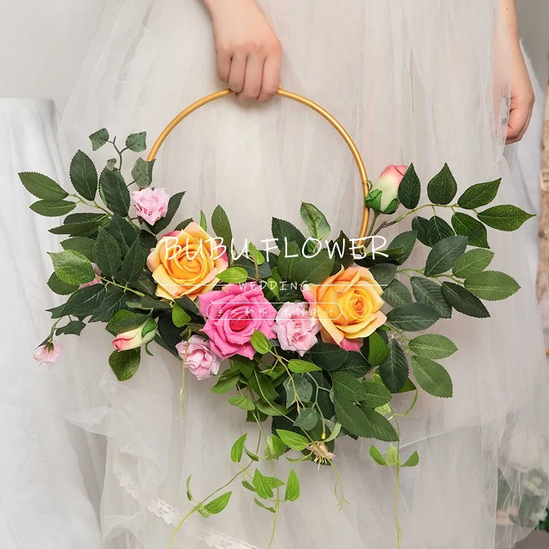 A set Ring 25cm Свадебный реквизит для колец Железный арт Однополюсное кольцо занавес круг полый круглый венок сценический искусственный цветок декор Потолочный занавес - Цвет: A set Ring 25cm