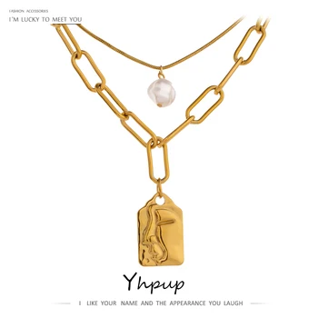 

Yhpup Stainless Steel Layered FACE Portrait Chain Choker Necklace Elegant Imitation Pearls Pendant Necklace Jewelry Bijoux Femme