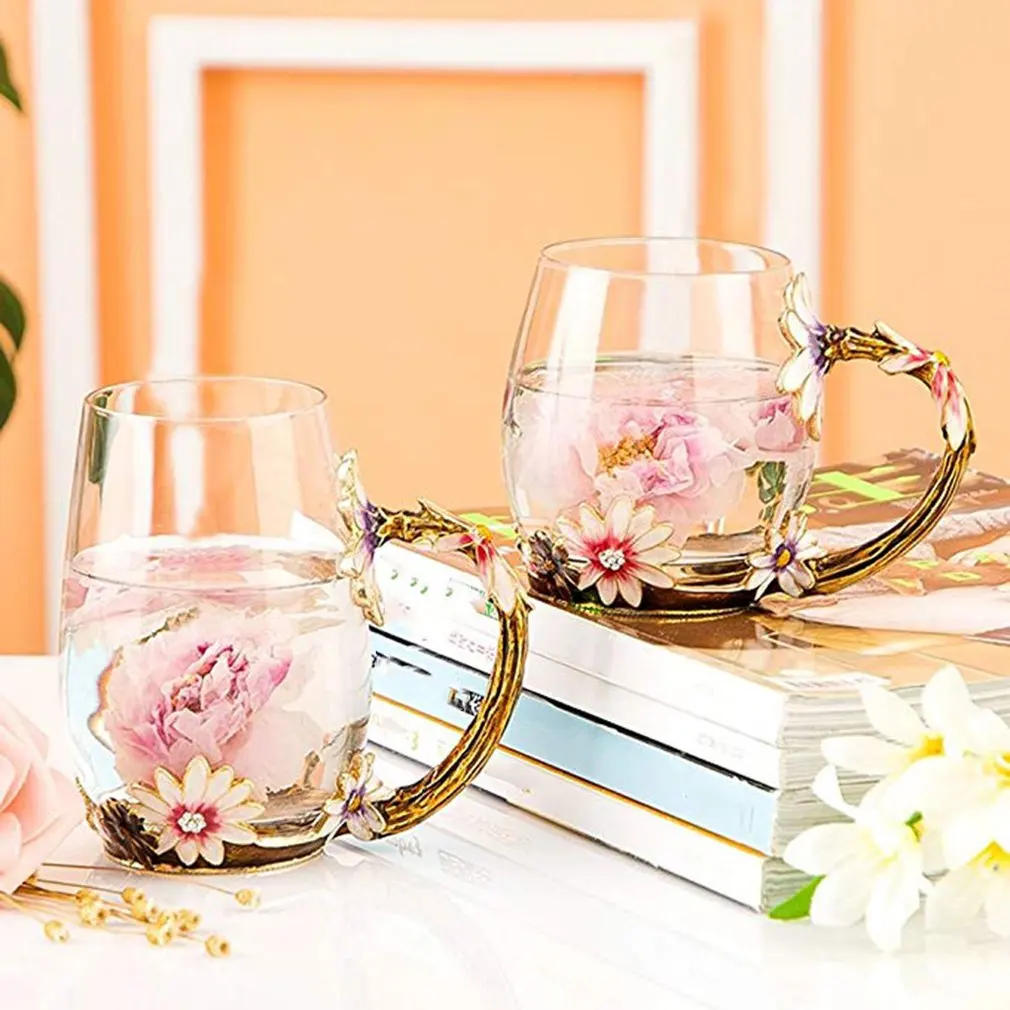 Европейская эмалированная цветная чашка из хрустального стекла, изысканная резьба для домашнего офиса, чайная чашка для мужчин и женщин, Цветочная чайная чашка
