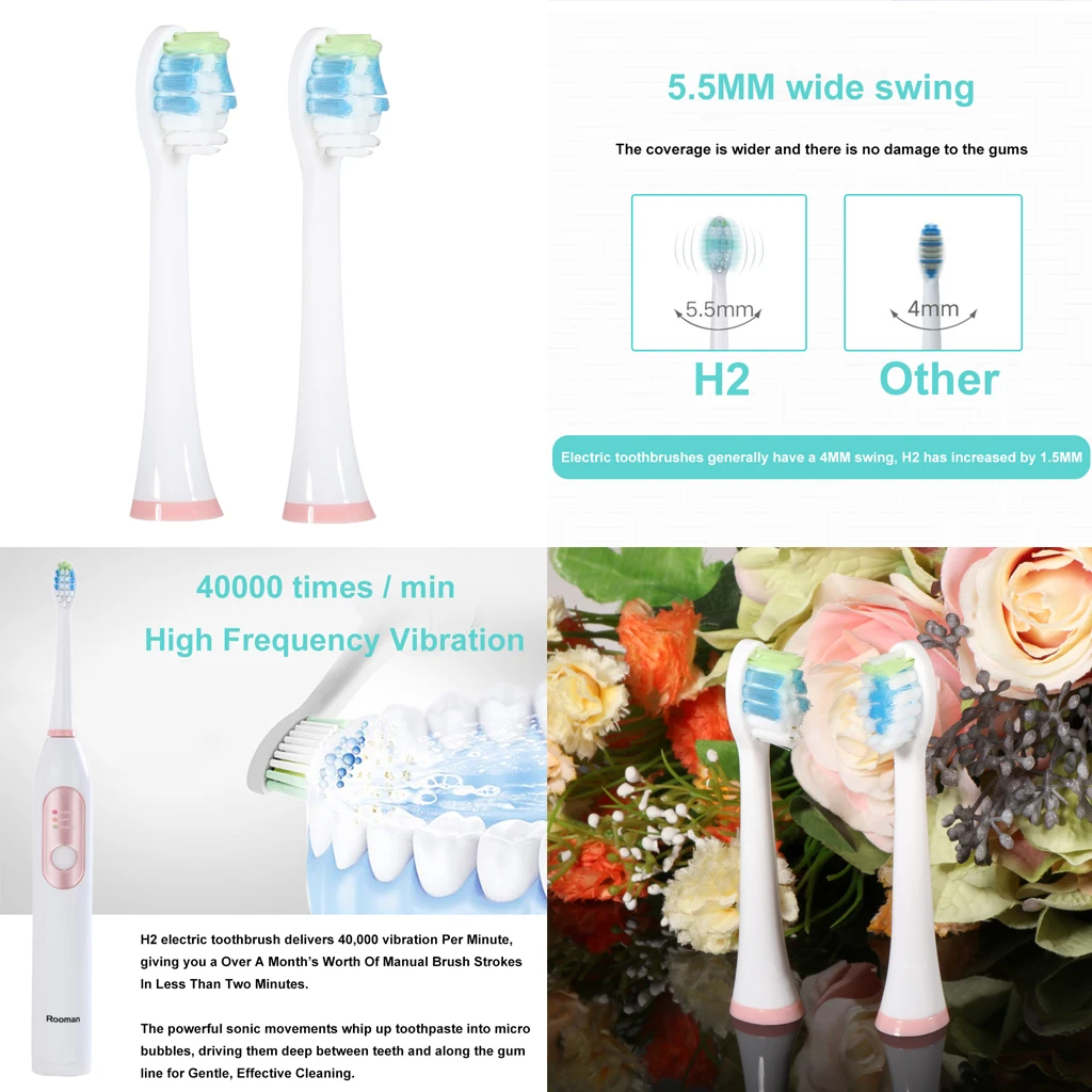 2pcs   Electric   Toothbrush   Replacement   Brush   Heads   Compatible   With   Rooman