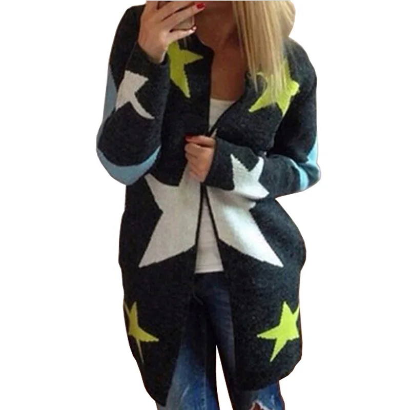 

Cardigan long paragraph large size sweater 2019 autumn and winter women's five-pointed star round neck sweater coat