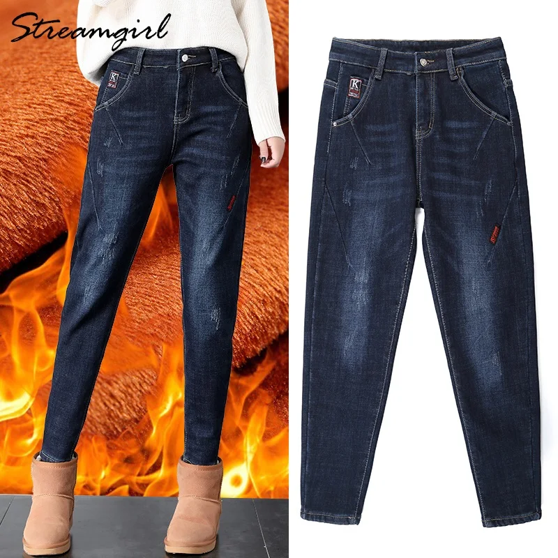 Tanie Streamgirl kobiety ciepłe dżinsy Plus rozmiar Feminino zimowe wysokiej zwężone Boyfriend Jeans polar dla kobiet Jean z polaru spodnie jeansowe