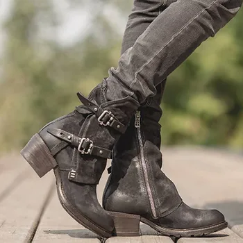 

2019 retro ladies motorcycle boots shallow round head calf knight boots leather thick with side zipper gladiator cotton boots PU