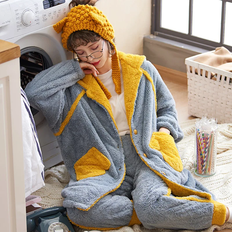 Зимняя фланелевая одежда для дома, Женская Толстая свободная Пижама, кардиган на пуговицах с отворотами, пижама, костюм из двух предметов, цветная Пижама